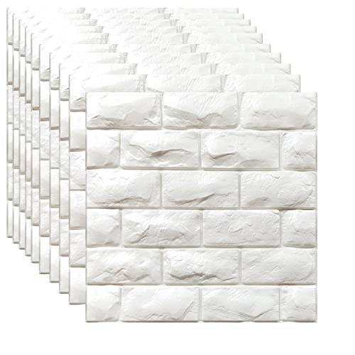 3D Wall Panels Peel and Stick 11PCS White Foam Brick Wallpaper for Bedroom Faux Stone Wall Panel Self-Adhesive Wallpaper (11PCS-10.65 Sq Ft, White) - color: White, size: 11pcs-10.65 Sq Ft