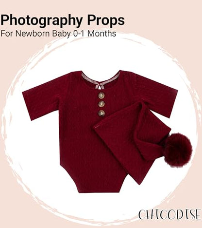 Newborn Photography Props, Infant Photoshoot Outfit Romper & Pom Pom Hat for Baby Boys Girls - color: Wine Red