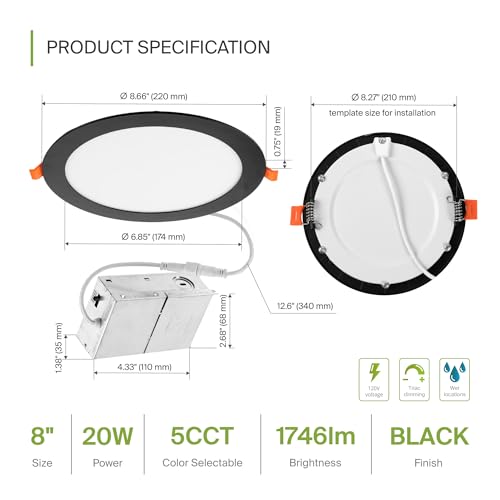 ASD 1 Pack 8 Inch LED Recessed Light 20W, 5 CCT 2700K-5000K CRI90+, IC Rated Ultra Thin Dimmable Ceiling Lights with J Box, Canless Wafer Downlight, Round Slim Panel Lighting, UL Listed, Black - color: Black, size: 8 Inch 1 Pack