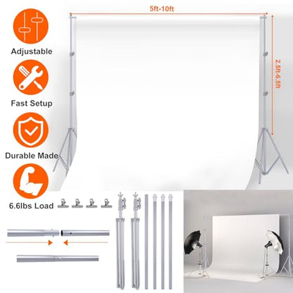 6.5 x 10ft Adjustable Backdrop Stand Kit,Heavy-Duty Photography Background Support System with Clamps & Carry Bag,Photo Video Studio Backdrop Stand for Parties,Weddings,Green Screen & Banner Display - color: Silver