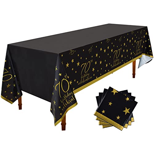 Gatherfun 70th Birthday Disposable Tablecloth 4 Pack Gold and Black Waterproof Plastic Table Cover for Men Woman 70 Birthday Party Decorations - color: 70th