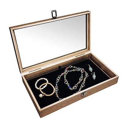 MOOCA Glass Top Wooden Jewelry Display Case with Removable Black Luxurious Velvet Jewelry Display Pad, Deeper 2.75-Inch Design for Taller Collectibles, Brown Color - color: 9A) Brown, 2.75 Inch High