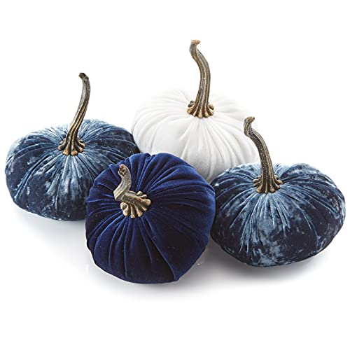 Set of 4 Small Velvet Pumpkins, elegant luxe home decor, autumn wedding centerpiece, blue baby shower nursery boy, for his office bookshelf, gift set for friend (2 Luxe Indigo, Navy, Ivory) - color: 2 Luxe Indigo, Navy, Ivory