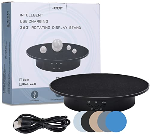 JAYEGT Motorized Rotating Display Stand, 7.87inch /17.6lbs Load, 360 Degree Electric Rotating Turntable for Photography Products, Jewelry, 3D Model ,with 5 Colors Backgrounds- Black - color: Black