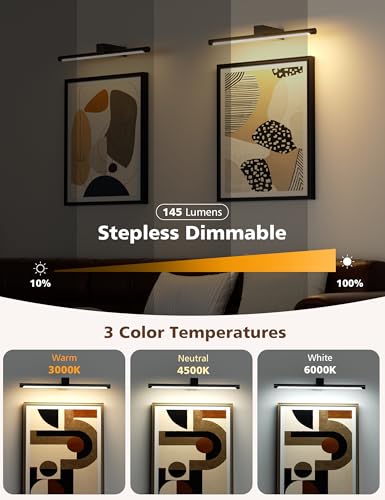 VOLISUN 15.7'' Picture Lights for Wall, 4000mAh Rechargable Picture Light Battery Operated, 3 Color Temperatures & Stepless Dimmable, 145LM Art Light for Paintings, Gallery, Portrait, 1 Pack (Black) - color: Black, size: 15.7 Inch 1 Pack