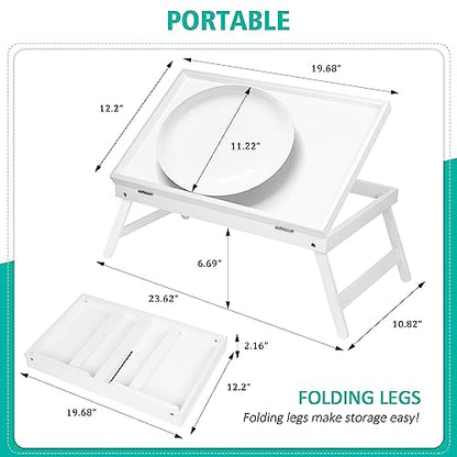 Bamboo Lap Desks Bed Table White Breakfast Tray with Folding Legs Kitchen Serving Tray for Notebook Computer Bed Platters Desk Snack Tray(White) - color: White, size: Large