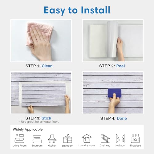 COMSTICKC 3D Faux Wood Wall Sticker, Peel and Stick Wall Covering,12 pcs of 22.8" x 11.8", DIY Lightweight PVC White Wood Self Adhesive Decorative Tiles Wallpaper,Paintable,Covers 22.48 sq.ft - color: White Wood