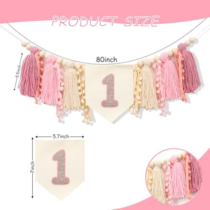Girls 1st Birthday Tassels High Chair Banner -1st Birthday Decorations for a Girl,Boho First High Chair Banner,Rose Gold Cake Smash Photo Prop