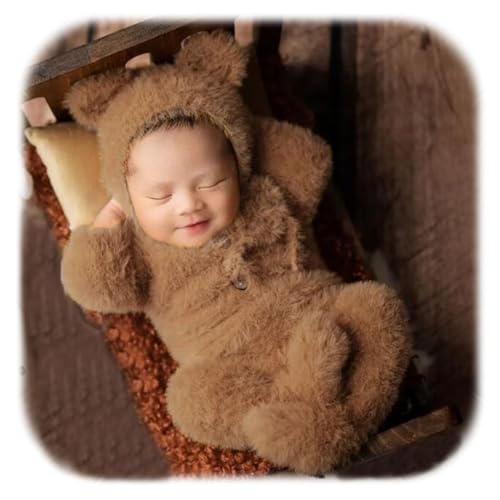 2Pcs Newborn Photography Props Boy Photo Posing Outfits Baby Photoshoots Girl Crochet Bear Hat Romper - color: Brown B