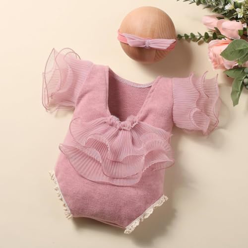 Newborn Photography Outfits Girl, Baby Girl Photo Props, Newborn Photoshoot Ruffles Outfits with Headband - color: Dark Rose