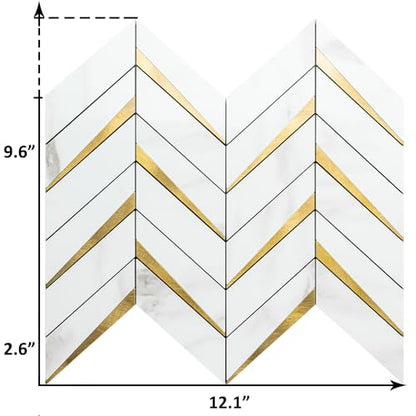 DICOFUN 10-Sheet Herringbone Tile Peel and Stick Backsplash, Polished White Marble PVC Mixed Metal Gold Stick on Backsplash for Kitchen and Bathroom Wall - color: Polished White Marble and Metal Gold, size: 10 Sheets, 12"x12"x0.12"