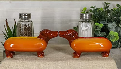 Ebros Kissing Hot Dog Sausage Wiener Dachshunds Couple In Ketchup And Mustard Salt Pepper Shakers Ceramic Magnetic Figurine Set 4.75"L