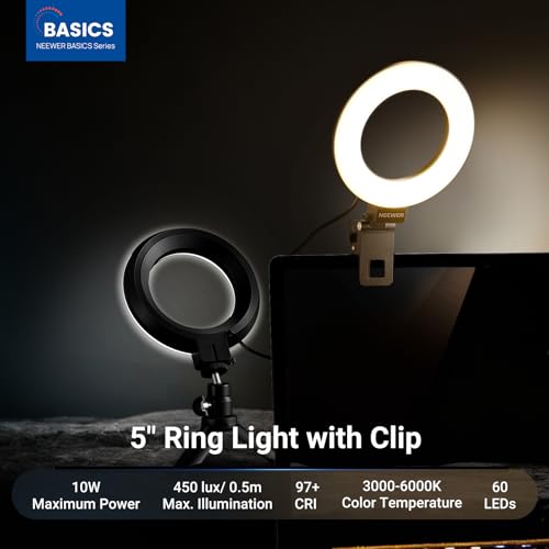 NEEWER Basic 5" Ring Light for Video Conference Lighting, Clip on Light Kit with Desk Tripod Stand for Monitor Laptop Computer Zoom Call Live Streaming Remote Working Learning Video Recording, BR60 - color: Black, size: 5"