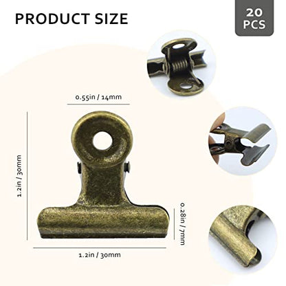 20 Pieces Metal Bulldog Binder Clips, 1.2 Inch Hinge Paper Clips Clamps for Food Bags, Pictures Photos, Art Crafts, Home Office Supplies (Bronze) - size: 1.2 Inch