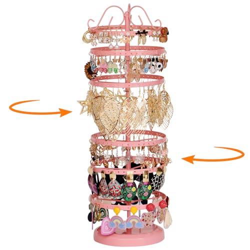 17Dec 6 Tier Rotating Jewelry Organizer Stand, 230 Holes Earring Holder Organizer for Women Girls, Spinning Earring Tree with Ring Holder, Wide Base for Bracelets Watches Lipstick - color: 6-Tier Earring Tower,Pink
