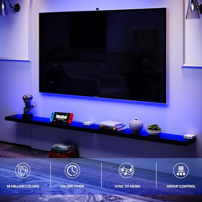 BAMEOS Floating Shelves with RGB LED, 31" Wall Mounted Wooden Shelves with Invisible Brackets, Set of 2, Hanging Wall Shelves for Bedroom, Bathroom, Living Room and Kitchen (Black) - color: Black-rgb, size: 31 x 7