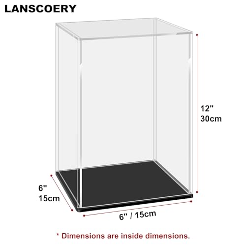 LANSCOERY Acrylic Display Case, 6x6x12 in, Upgraded Thickened UV-Resistant Showcase, 98% Clarity Dustproof Box with Glossy Black Base for Action Figures, LEGO & Models, Includes Scraper & LED Light - color: Black, size: 6x6x12inch; 15x15x30cm