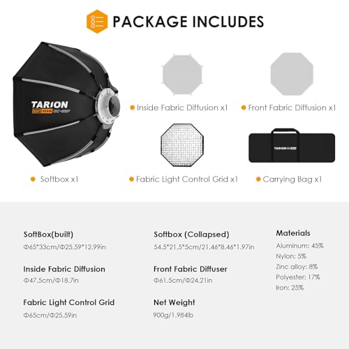 TARION Quick Release Octagonal Softbox - Bowens Mount Softbox with Diffusers/Honeycomb Grid/Carrying Bag for Live Streaming, Photography, Videography (Octagonal 25.6"/65cm) - style: Octagonal 25.6"/65cm