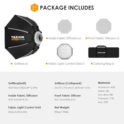 TARION Quick Release Octagonal Softbox - Bowens Mount Softbox with Diffusers/Honeycomb Grid/Carrying Bag for Live Streaming, Photography, Videography (Octagonal 25.6"/65cm) - style: Octagonal 25.6"/65cm