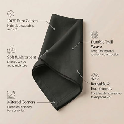 ACCENTHOME Accent Home 100% Cotton Napkins, Delicate Cloth Napkins for Dinners, Parties and Weddings，18 x 18 Inch Set of 12 - Black - color: 08 - Black - Twill, size: 18"x18" - Pack of 12