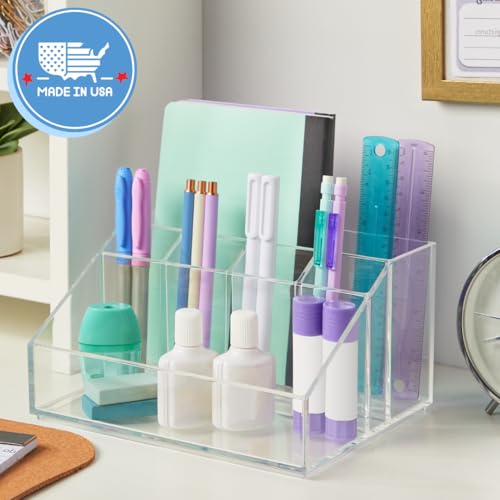 STORi Chloe Clear Plastic Stackable Desk Organizer, Rectangular 6-Compartment Office Supply Holder for Pens, Markers & Notepads, Made in USA - style: Organizer Top