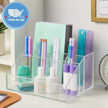 STORi Chloe Clear Plastic Stackable Desk Organizer, Rectangular 6-Compartment Office Supply Holder for Pens, Markers & Notepads, Made in USA - style: Organizer Top