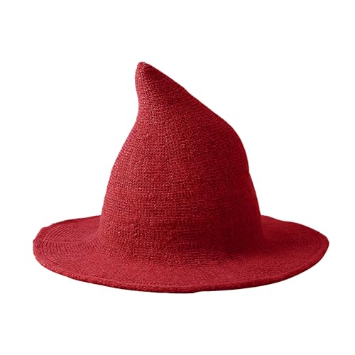 Halloween Witch Hat for Women Wide Brim Foldable Wizard Hat Wool Knit Pointed Cap Cosplay Costume Accessory - color: Red