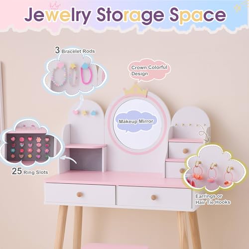 Kids Vanity Set with Jewelry Organizer for Princess, Girls Vanity Table and Chair Set with Drawers & Necklace Hooks, Toddler Makeup Dressing Table with Open Shelves, White