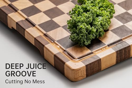 THETCHRY Cutting Boards for Kitchen, Checkered Cutting Board End Grain, Acacia Wooden Chopping Board with Juice Groove & Handle, Serving Tray for Meat, Bread & Fruit, 14"L x 11"W x 0.8"Th - size: 14"L x 11"W