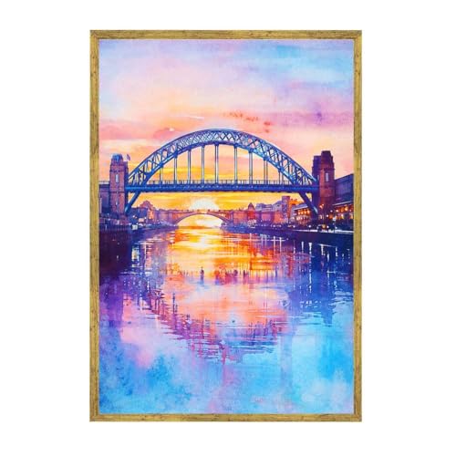 Framed Bridge Sunset Cityscape Canvas Print Modern Contemporary Wall Art Poster Painting Pictures Stunning Wall Decor for Living Room Bedroom Office Home Decoration (12L x16W,Gold Framed) - size: 12L"x16W"