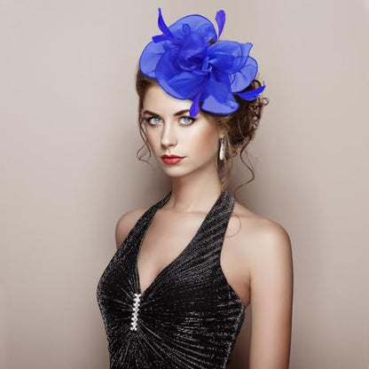 Fascinators Hats with Gloves Set for Women 20s 50s Cocktail Tea Party Wedding Costume Headwear - color: 03-royal Blue