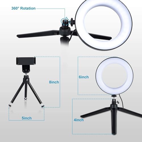 LED Ring Light 6" with Tripod Stand for Desk YouTube Video and Makeup, Mini Camera Light with Cell Phone Holder Desktop LED Lamp with 3 Light Modes & 11 Brightness Level (6 inch) - size: 6 inch with Tripod Stand