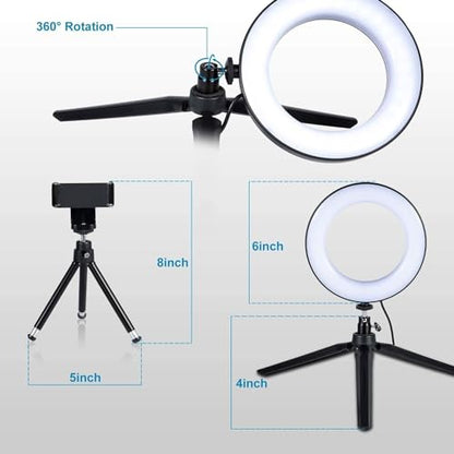 LED Ring Light 6" with Tripod Stand for Desk YouTube Video and Makeup, Mini Camera Light with Cell Phone Holder Desktop LED Lamp with 3 Light Modes & 11 Brightness Level (6 inch) - size: 6 inch with Tripod Stand