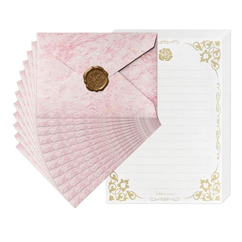 48 Pcs Stationery Set with Envelopes (24 White Kraft Paper Sheets +12 Marble Texture Envelopes+12+Wax Seal Stickers), Premium Stationery Letter Writing Paper Set for Party Invitations (Pink) - color: Pink