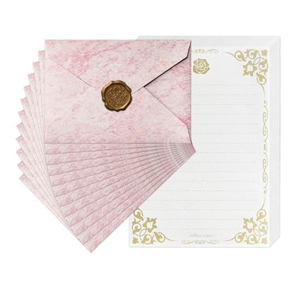 48 Pcs Stationery Set with Envelopes (24 White Kraft Paper Sheets +12 Marble Texture Envelopes+12+Wax Seal Stickers), Premium Stationery Letter Writing Paper Set for Party Invitations (Pink) - color: Pink