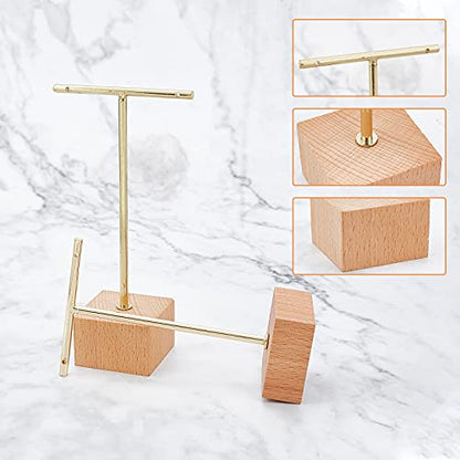 FINGERINSPIRE 3 Pcs Gold Metal T Bar Earring Display Stand 6.3/5.5/4.5 Inch Height Jewelry Stand with Wooden Square Base Earring Hanging Holders Jewelry Organizer for Store Retail Photography Props - color: Gold- Square Base, 6.3&5.5&4.5 Inch Height