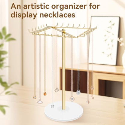 Rotating Necklace Holder Stand Metal Jewelry Organizer Display with 28 Hooks，Necklace Storage for Hanging Keychain Bracelet Long Chains Tree for Girls Women