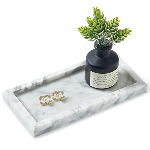 Natural Small Marble Vanity Tray, Luxury Stone Organizer for Bathroom & Kitchen | Holds Soap Dispenser, Jewelry, Perfume | Non-Resin, Non-Ceramic Décor - color: White, size: 7.9" x 4.3" x 0.8"