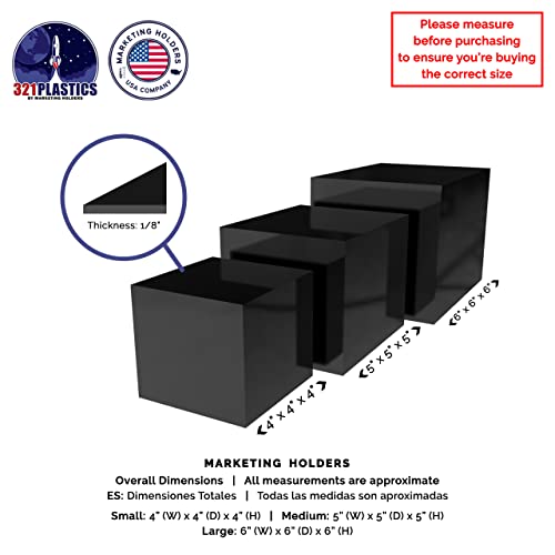 2 Pack Acrylic Display Riser Boxes 3 Piece No Lid Black Retail Product Riser 4", 5", 6" High Multi Level One Open Side Merchandise Storage Box POP Showcase by Marketing Holders - size: Set of 3 Black