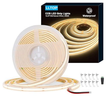 LLTOP COB LED Strip Lights Waterproof IP67 DC24v Natural White 4000K 16.4ft/5m High CRI 92Ra+ Outdoor LED Tape Lighting DIY Cuttable for Bedroom Kitchen Cabinet Shelf (Power Supply Not Included) - color: Natural White 4000K (power supply not included)