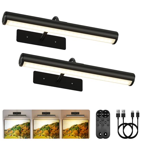 EZVALO 13Inch Wireless Picture Lights, 4000mAh Rechargeable Battery Art Lights with Remote, Dimmable 3 Color Temps LED Painting Lights for Living Room, Bedroom, Hallway (Black, 2Pack) - color: Black, size: 13inch