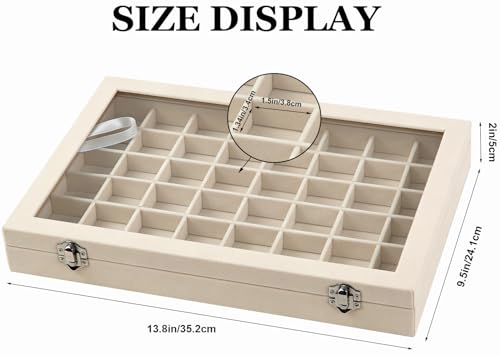 Velvet Jewelry Tray 48 Compartments Jewelry Box Display Organizer with Transparent Cover Earrings, Rings,Necklaces, Pendants Storage Box for Girls, Women,Wife, Mother(Beige) - color: 48 Grid