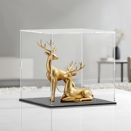 10 Inch Clear Acrylic Display Case, Cube Acrylic Box for Collectibles Showcase, Plexiglass Case with Matt Black Stand for Toys, Arts and Figures