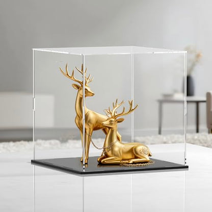 10 Inch Clear Acrylic Display Case, Cube Acrylic Box for Collectibles Showcase, Plexiglass Case with Matt Black Stand for Toys, Arts and Figures
