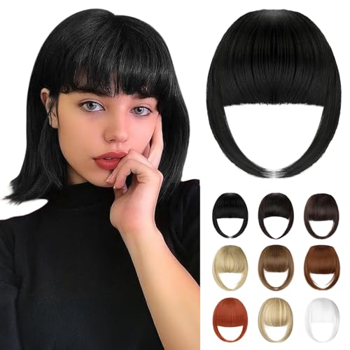 Bangs Hair Clip in Bangs, French Dark Black Fake Bangs Hair Clip on Bangs for Women Fringe with Temples Hairpieces Faux Bangs for Daily Wear - color: Dark Black