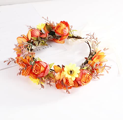 Wedding Floral Crown Women Floral Headband Flower Halo Flower Crown Bridal Party Cosplay Halloween Costume Photos - color: light orange