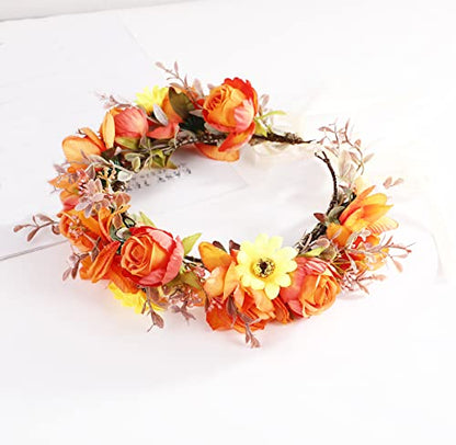 Wedding Floral Crown Women Floral Headband Flower Halo Flower Crown Bridal Party Cosplay Halloween Costume Photos - color: light orange