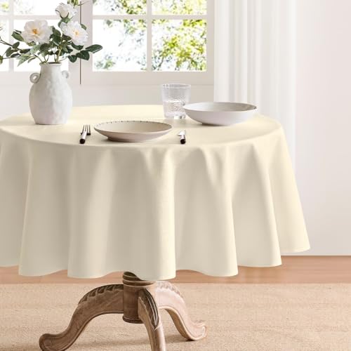 Faux Linen Tablecloths for Rectangle Tables, Burlap Textured Table Cloths Washable Farmhouse Table Cover Water Resistant for Dining, Wedding, Outdoor(Beige, 60" Round) - color: Beige, size: 60" (Round)