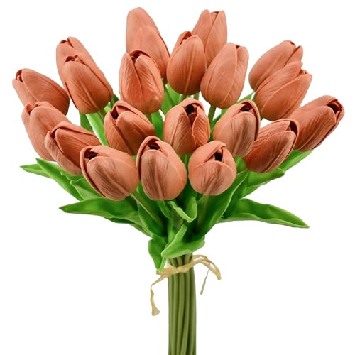 Mandy's Dark Orange Artificial Tulips Flowers Centerpiece, 13.5" Lifelike PU Fake Floral Stems 20pcs for Kitchen Island & Dining Table, Spring Decor for Easter - color: Dark Orange