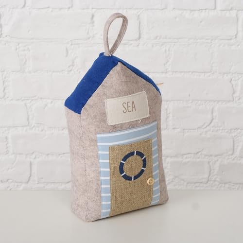 Coastal Cabana Soft Door Stops, Jute, Cotton, Loop Tops, Weighted, 11.75 Inches, House Shaped with Anchor and Lifesaver Fabric Embellishments - color: Coastal Cabana Soft Door Stops, Blue and Beige